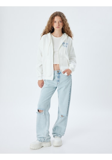 Koton Fermuarlı Sweatshirt Kapüşonlu Oversize Kanguru Cepli Slogan Baskılı Şardonlu Ekru 5wal10197ık Ekru
