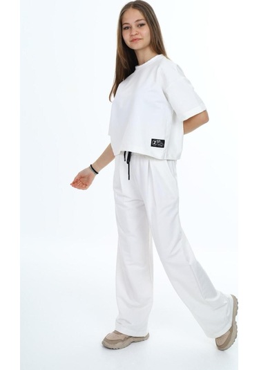 Kız Çocuk %100 Pamuk Oversize Yarım Kol Alt-üst Eşofman Takım-eşt-0012 Beyaz