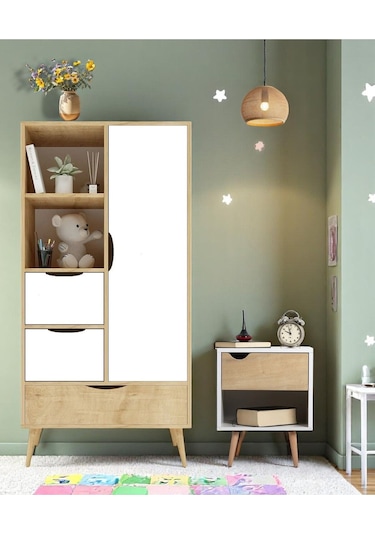 Floradesign Mango Çocuk Odası Takımı 1 Adet Gardırop +1 Adet Komodin Kahve Beyaz