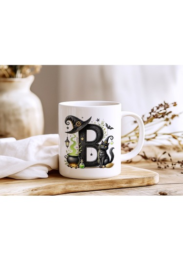 B Harfli Halloween Kedili Figür Kupa Bardak - Şapkalı Ve Kazanlı İsme Özel Kupa - Hediye Beyaz