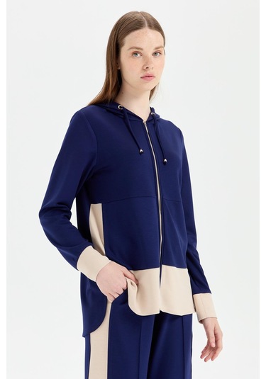 Oysh Kumaş Fermuar Kapamalı Kapişonlu Pantolonlu Takım Laci Lacivert