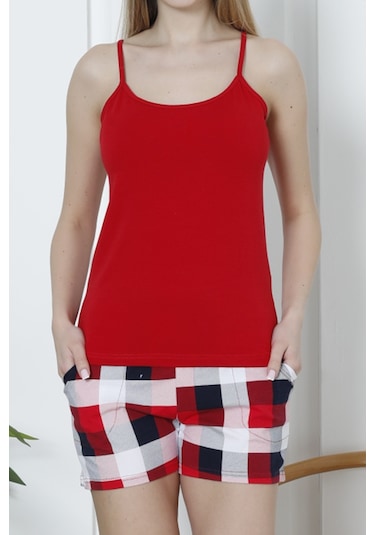 Kadın Şortlu Pijama Takımı İp Askılı Pamuklu Likralı Cepli Kırmızı Nıc1073 R02 Kırmızı