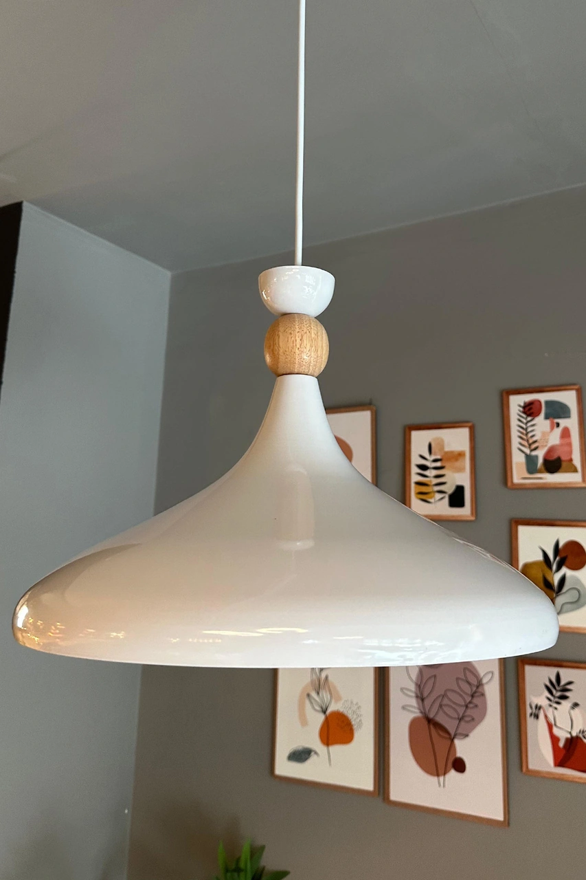 Beyaz İç Beyaz Ahşap Şapka Tekli Avize Sarkıt Salon Mutfak Cafe Butik Lamba Aydınlatma Avizeler Beyaz - Beyaz