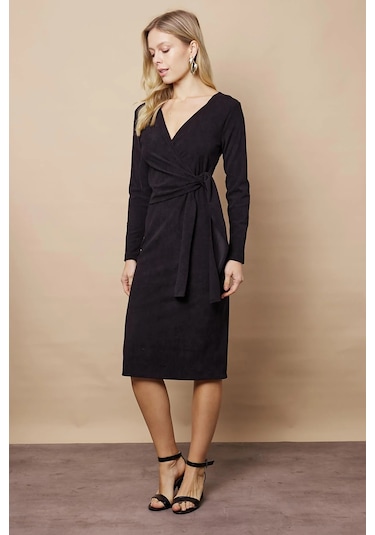 Kadın Kadife Kumaş Kruvaze Anvelop Bağcıklı Uzun Kol Diz Altı Elbise-siyah Siyah