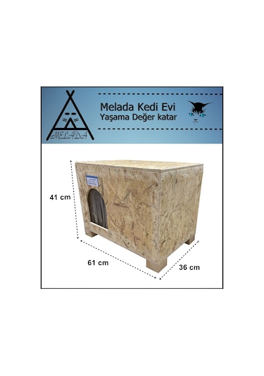 Melada Kedi Evi Dış Ortam Uygun Ahşap Kedi Evi Osb Minderli 61x41x36 Cm