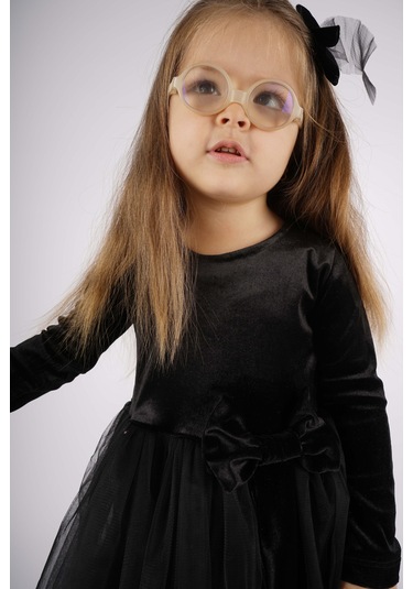 Kız Çocuk Yılbaşı Temalı Fiyonklu Eteği Tül Uzun Kol Elbise Siyah