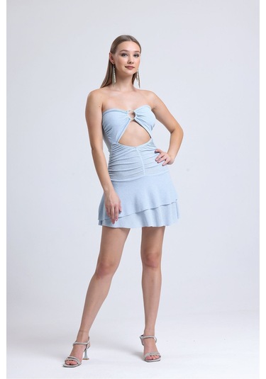 Buz Mavisi Önden Halkalı Bel Kısmı Açık Cift Kat Kloş Etekli Party Elbisesi Buz Mavisi