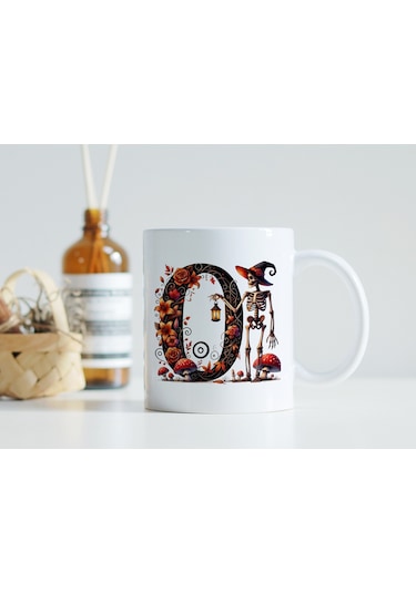 O Harfi Şapkalı İskelet Figürlü Ve Çiçekli Kupa Bardak - Cadılar Bayramı / Halloween Özel Hediye Beyaz