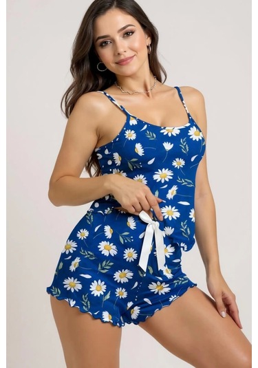 Papatya Desenli Mavi Askılı Şortlu Pijama Takımı Mavi