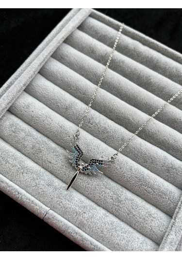 Gümüş Renk Mikail Meleği Kanatlı Karışık Renkli Taşlı Zirkon Kolye Gümüş