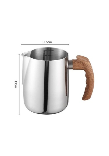 Novahub 600/1000ml Gümüş Paslanmaz Çelik Latte Kahve Fincanı Süt Köpürtme Sürahi Ahşap Saplı Damlamasız