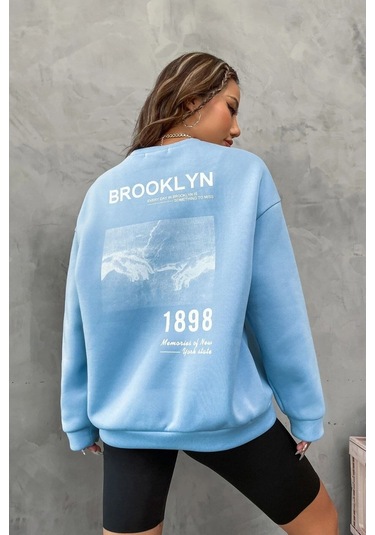 Modagen Unisex Bebe Mavisi Brooklyn 1898 Baskılı Bisiklet Yaka Oversize Sweatshirt Bebemavisi