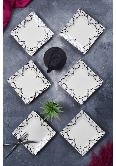 Piatti Naturali 6'lı Mermer Tatlı Tabak Seti Sunum Servis Pasta 15 Cm