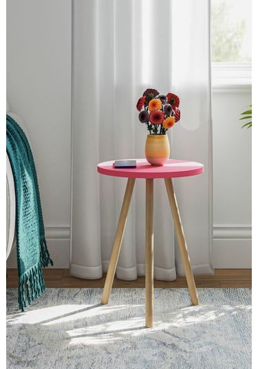 İntergo Yuvarlak Ahşap Ayaklı Tekli Zigon Yan Sehpa Pembe