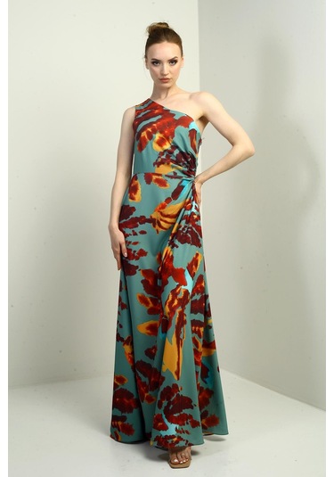 Kadın Tek Omuz Yandan Pencereli Desenli Uzun Krep Saten Elbise-40751 Mint