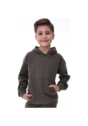 Basic Kapüşonlu Şardonlu Kanguru Cep Detaylı Çocuk Sweatshirt 3-10 Yaş Ekru Haki