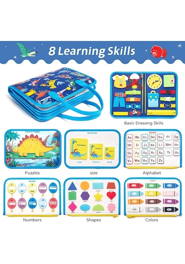 Montessori Keçe Eğitim Çantası Busy Board- Mavi Dinazor 8 Sayfa