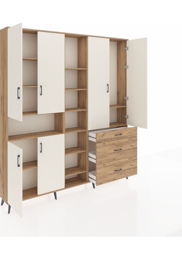 Arges Dolap 13 Raflı 3 Çekmeceli 6 Kapaklı 220x30x243 Çam-aytaşı/çam Aytası/atlas Çam