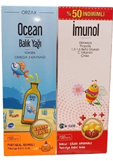 Ocean Balık Yağı Portakal + Imunol Çilek Aromalı Takviye Edici Gıda 2 x 150 ML