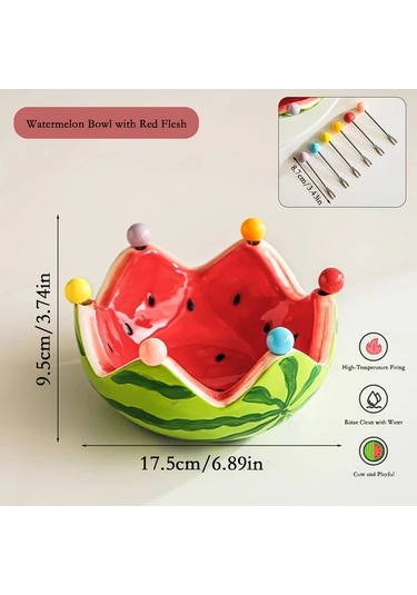 Honeybeeshop Kırmızı İçli Karpuz Kasesi 6 Çatal Ve Paslanmaz Desert Cocktail Kaşıkları Seti Kırmızı Dolgu Karpuz Kasesi