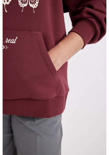 Defacto Oversize Geniş Kalıp Kapüşonlu Baskılı Kalın Sweatshirt C7816ax24wnbr237 Bordo