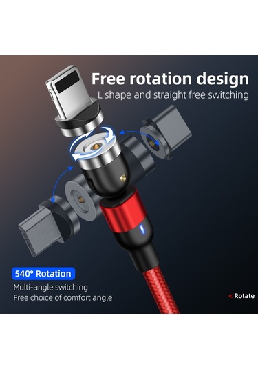 2m 2a Çıkış 3'ü 1 Arada Usb - 8 Pin Usb-c / Type-c Mikro Usb Naylon Örgülü Döndürmeli Manyetik Şarj Kablosu Mor