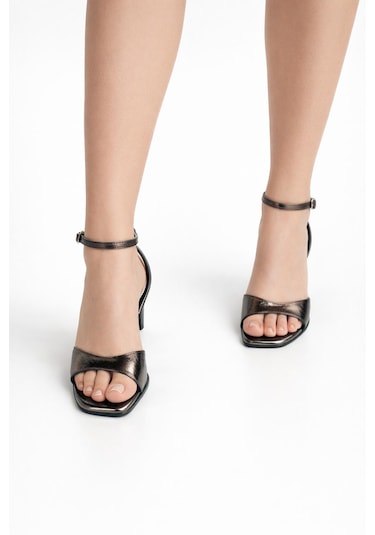 Tual Shoes Kadın Metalik Gri Topuklu Ayakkabı Antrasit