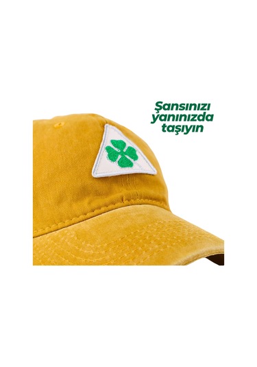 Perlotus Vintage Yıkamalı Pamuk Şapka Dört Yapraklı Yonca Nakışlı Sarı Sarı