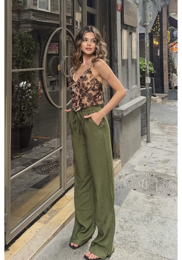 Pembe Keten Karışımlı Bol Kesim Pantolon Haki