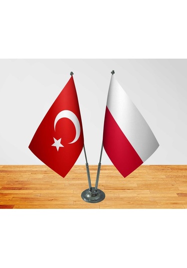 Masa Üstü Polonya Bayrağı Türk Bayrağı İkili Krom Direk Masa Bayr