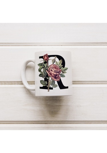R Baş Harf Kırmızı Güller İle Sarılı Bardak 330 Ml Kişiye Özel Çiçekli Hediye Beyaz