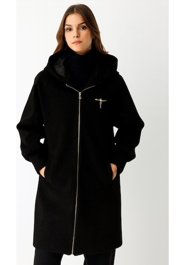 Fermuar Kapamalı Kapişonlu Kaban Siyah Siyah