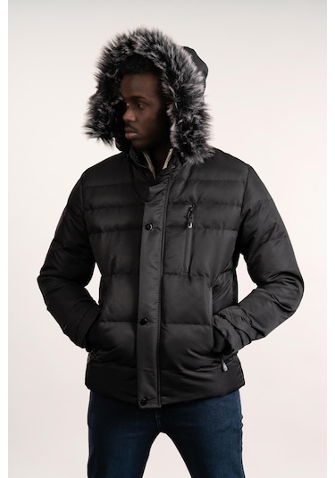 Kürklü Kapşonlu Kürk Ve Kapşon Çıkartılabilir İçi Polarlı Slimfit Kısa Mont Siyah