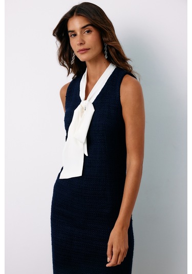 Sateen Fularlı Kolsuz Tüvit Elbise - Lacivert-135150 Lacivert