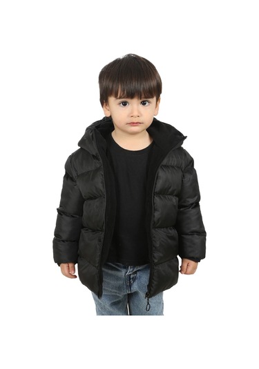 Freemen Erkek Çocuk Siyah Polarlı Kapüşonlu Su Geçirmez Rüzgara Dayanıklı Şişme Kışlık Mont Siyah
