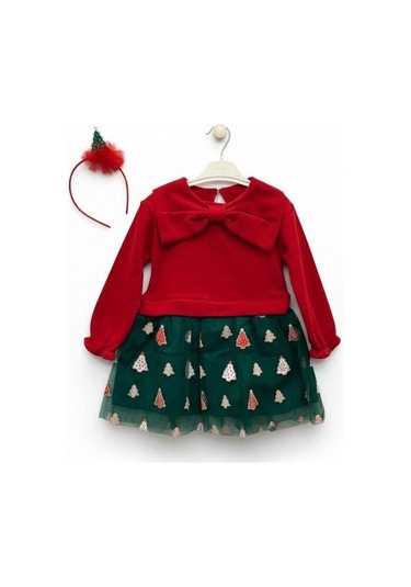 Kız Çocuk Büyük Fiyonklu Yılbaşı Temalı Taçlı Elbise-16403 Kırmızı