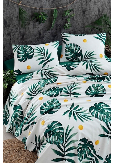 Doğal Pike Baskılı King 230x240cm Monstera Yeşil Yeşil