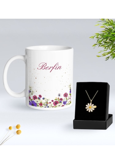 Bk Gift Kişiye Özel İsimli Çiçek Tasarımlı Beyaz Kupa Ve Papatya Kolye Hediye Seti - 10, Sevgiliye Hediye, Anneye Hediye, Arkadaşa Hediye Kobitmeyenco