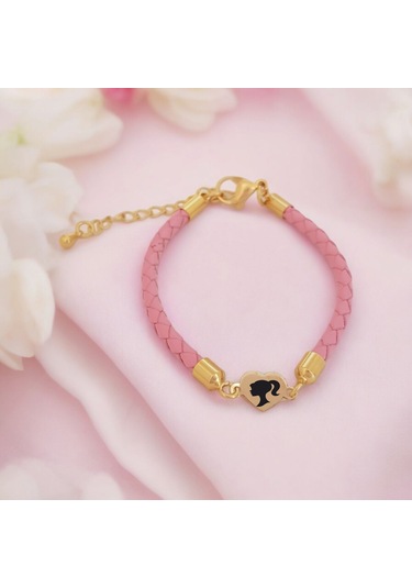 Archin Barbie Temalı 14 Ayar Altın Plakalı Pembe Derili Kalp Figürlü Hediye Bileklik-473sembol Barbie