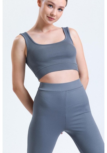 Yeşil Fitilli Kare Yaka Esnek Örme Crop Büstiyer Atlet Antrasit