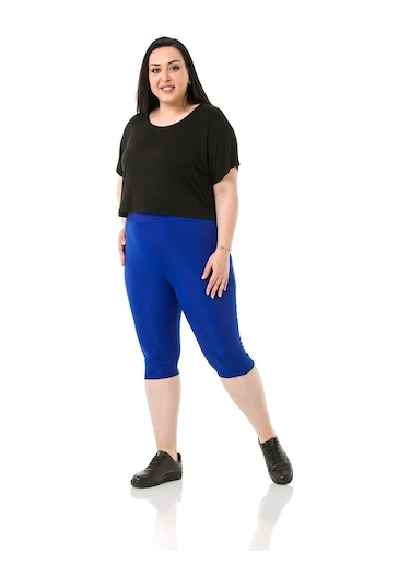 Büyük Beden Karyoka Dikişli Diz Altı İndigo Bayan Tayt