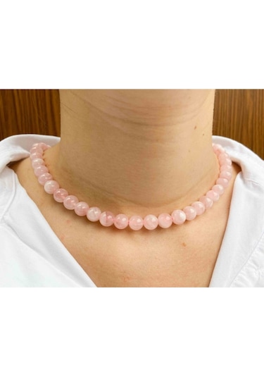 Pembe Kuvars Taşı Doğaltaş Kolye 8 Mm Siyah