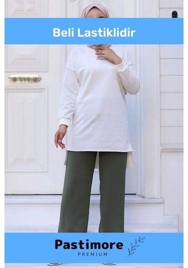 Terletmez Rahat Kalıp Beli Lastikli Bol Paça Salaş Yazlık Kadın Haki Aerobin Pantolon Haki