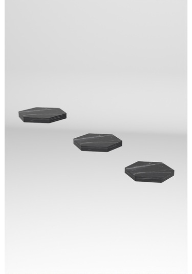 Duvar Rafı Dekoratif 3 Adet Çiçeklik Altıgen Siyah Mermer Desen