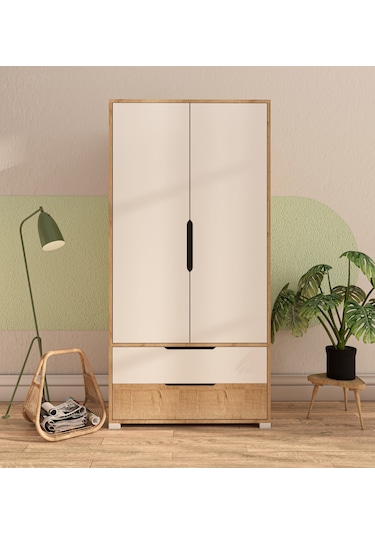 Flora 2 Kapaklı 2 Çekmeceli Gardırop Safir Meşe - Beyaz Elbise Do