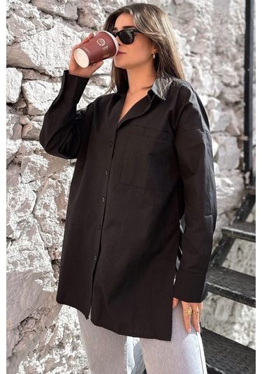 Kadın Siyah Terikoton Kumaş, Yırtmaçlı, Rahat Uzun Gömlek Siyah