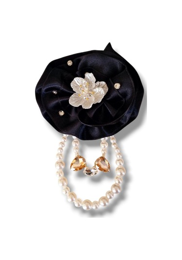 Saten Siyah Gül Broş, Yaka İğnesi, Yaka Çiçeği Siyah