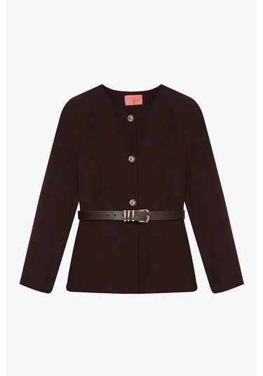 Quzu Kemer Aksesuarlı Yuvarlak Yaka Kahverengi Kadın Ceket Ckt00922 Kahverengi