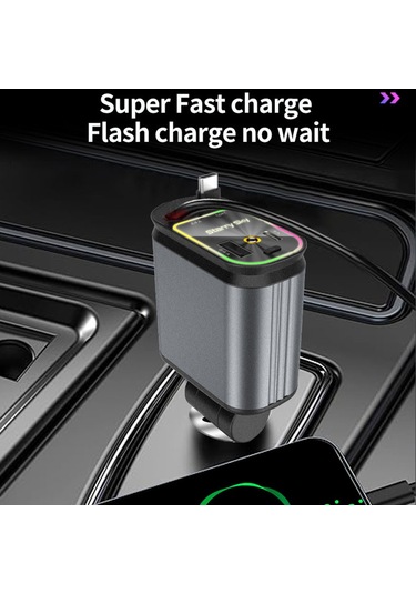 C3 4'ü 1 Arada Usb A + Usb C Araç Şarj Cihazı, Geri Çekilebilir Tip C + İp Kablosu Starry Sky Çakmak Adaptörü