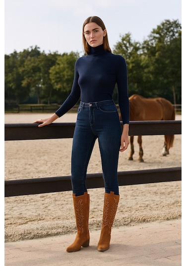 Muggo Texas Sivri Burun Nakışlı Kalın Topuklu Kadın Kovboy Western Çizme TABA SÜET